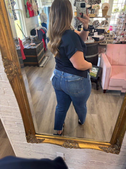 Romantic High Rise Frayed Hem Crop Straight Jeans