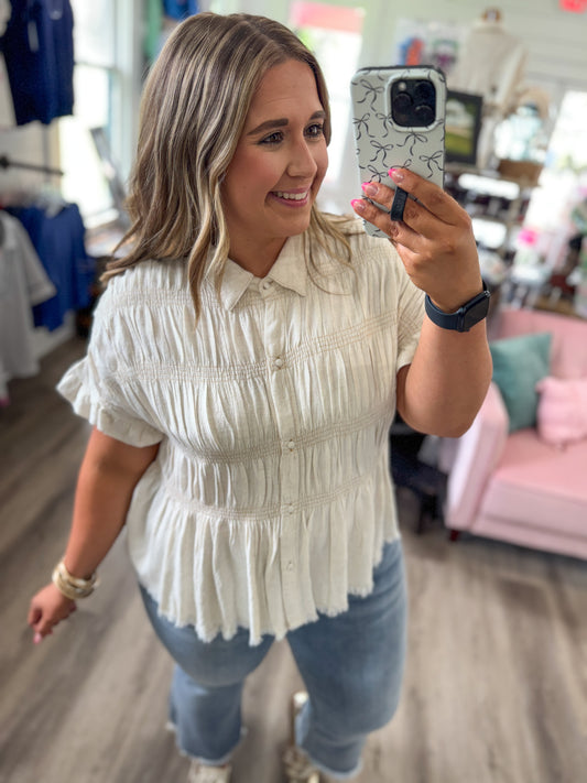 Kari Washed Linen Blend Smocked Shirt