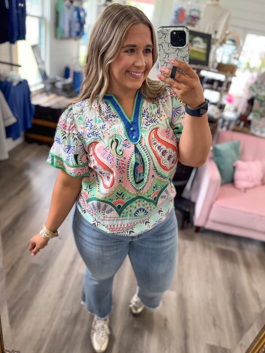 Andrea Paisley Print Ruffle Sleeve Blouse