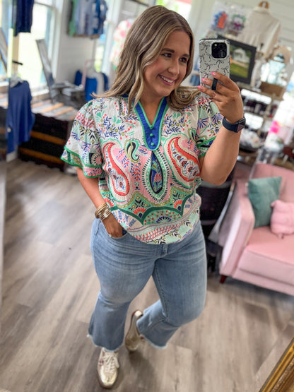 Andrea Paisley Print Ruffle Sleeve Blouse