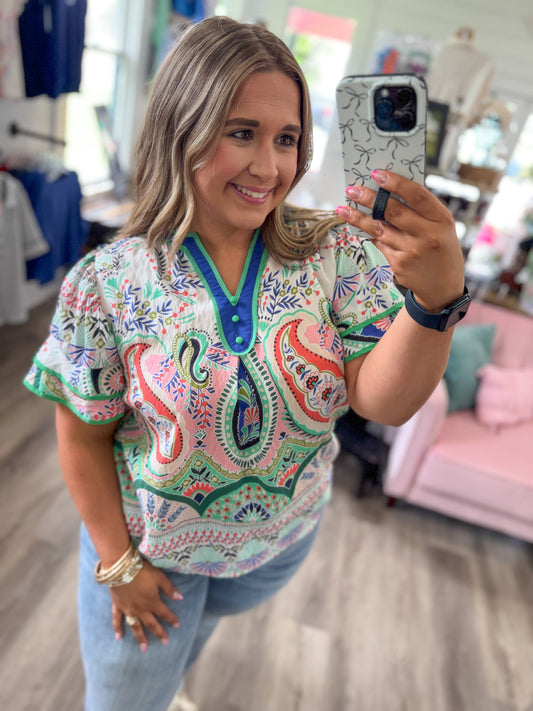 Andrea Paisley Print Ruffle Sleeve Blouse