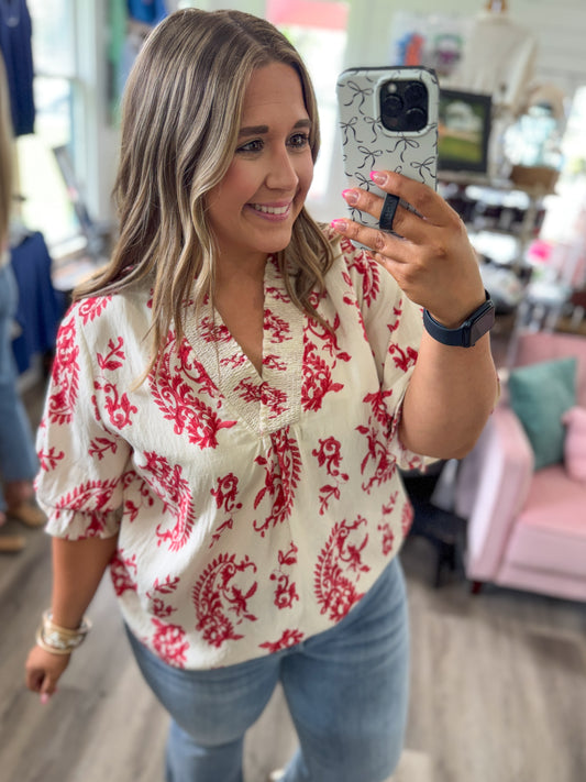Sarah Paisley Print V-Neck Top-Red