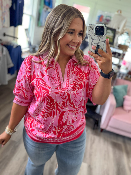 Liz Tropical Print Puff Sleeve Blouse-Red