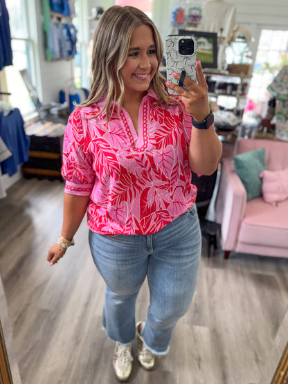 Liz Tropical Print Puff Sleeve Blouse-Red