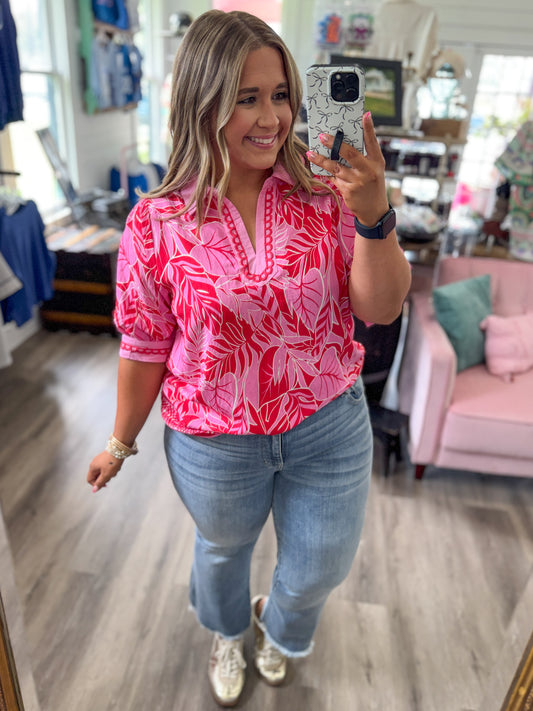 Liz Tropical Print Puff Sleeve Blouse-Red