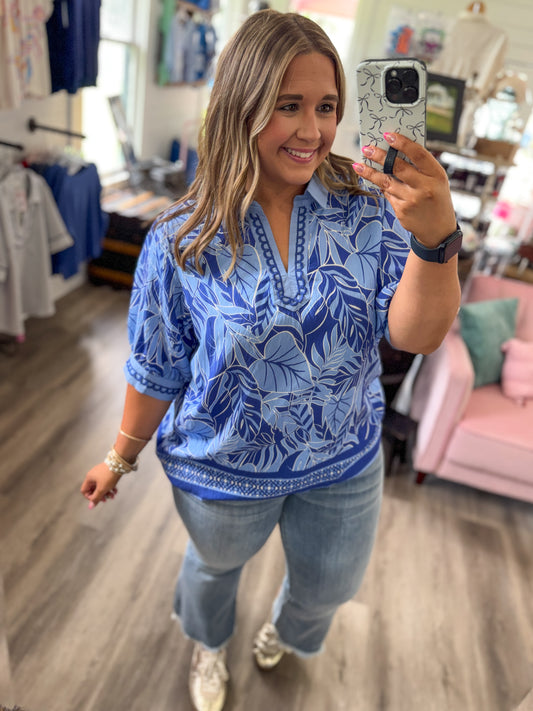 Liz Tropical Print Puff Sleeve Blouse-Ocean