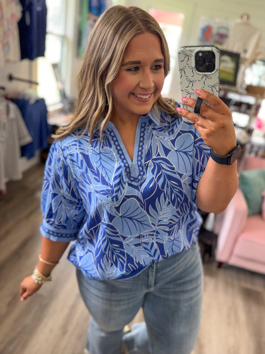 Liz Tropical Print Puff Sleeve Blouse-Ocean