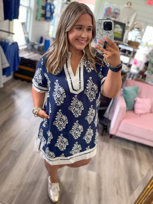 Sara Two Tone Abstract Print Dress