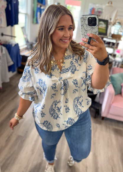 Sarah Paisley Print V-Neck Top-Blue