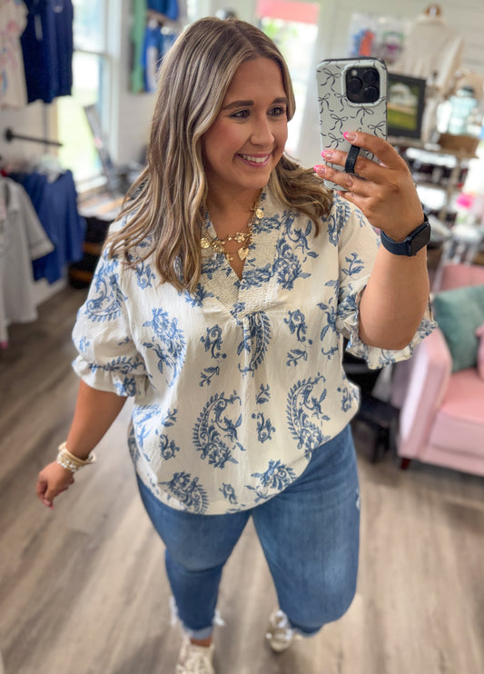 Sarah Paisley Print V-Neck Top-Blue