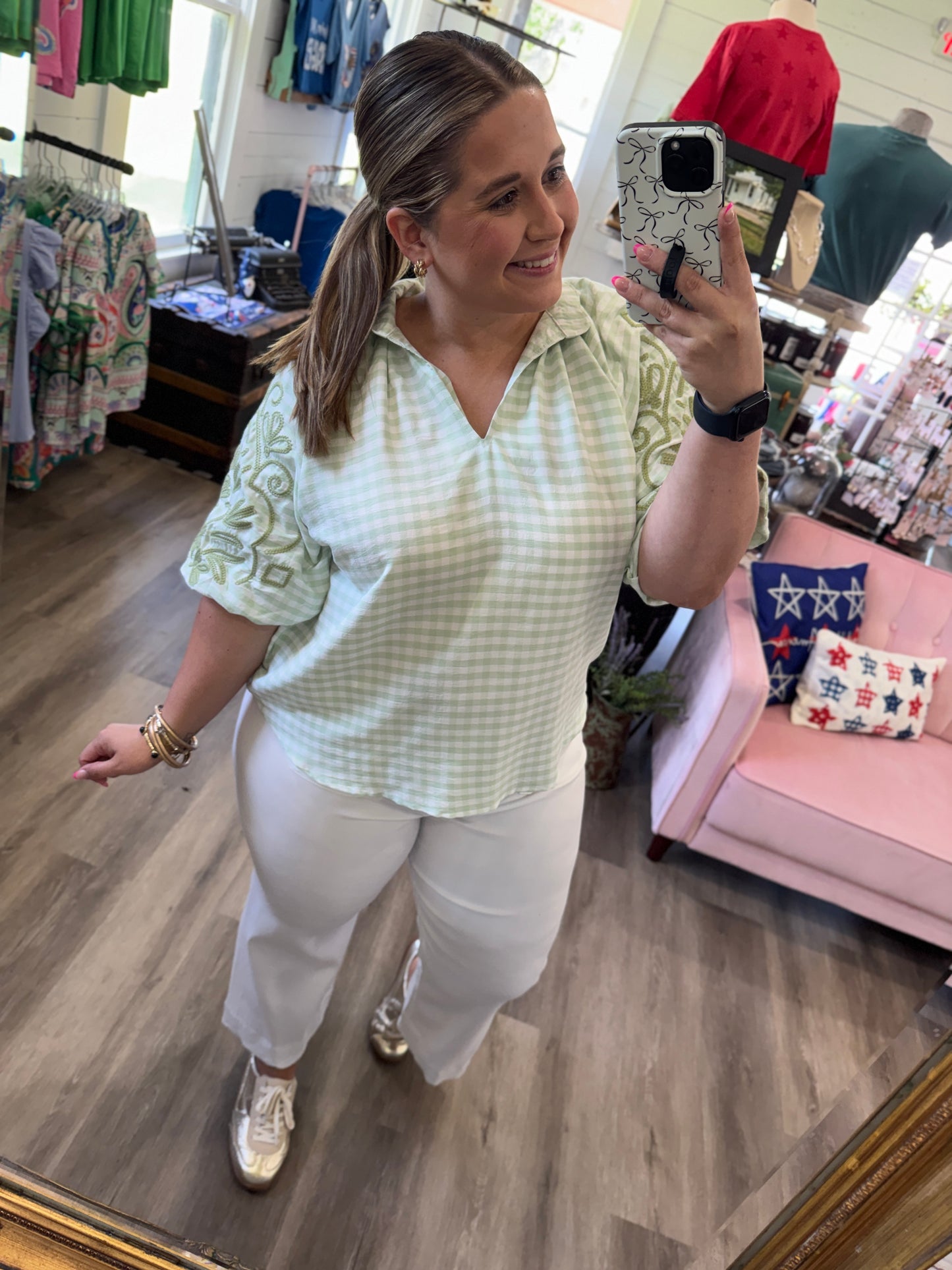 Monica Gingham Embroidered Balloon Sleeve Top