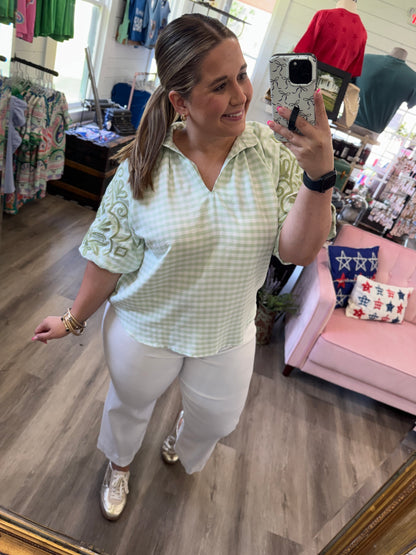 Monica Gingham Embroidered Balloon Sleeve Top