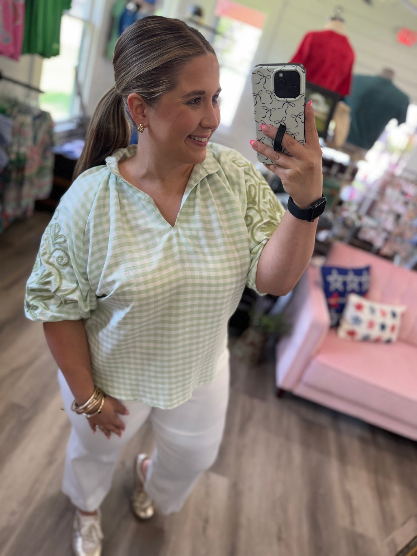 Monica Gingham Embroidered Balloon Sleeve Top