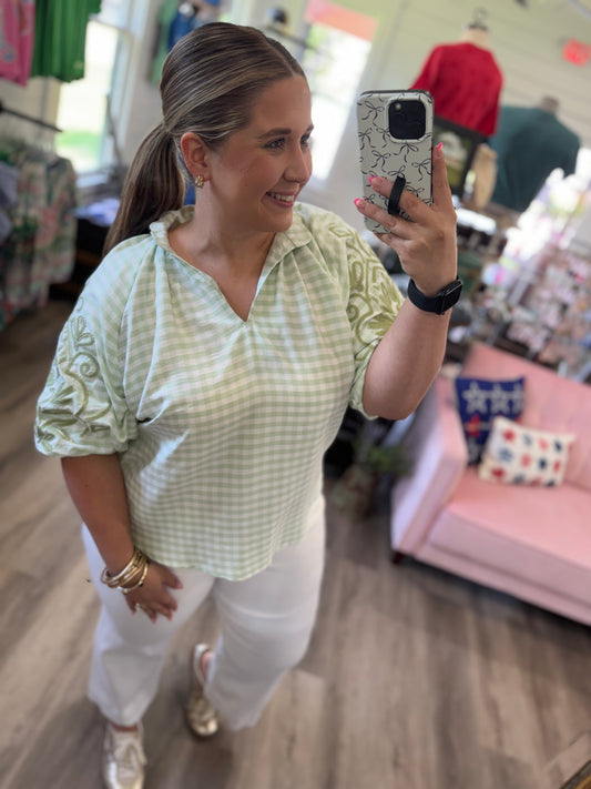 Monica Gingham Embroidered Balloon Sleeve Top