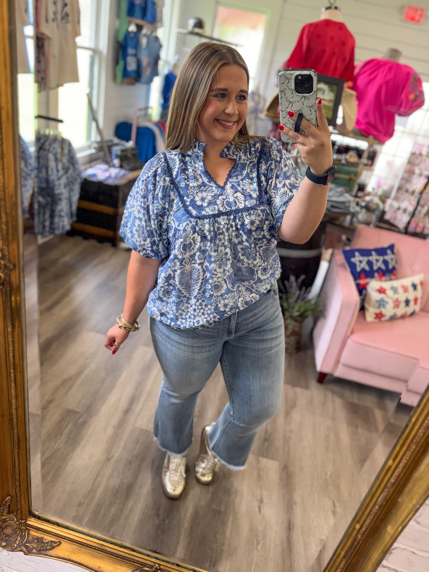 Kassee Abstract Print Ruffled Top