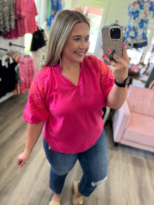 Elise Embroidered Sleeve V-Neck Boho Blouse