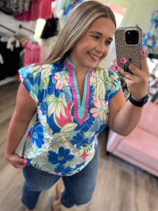 Kendall Bold Floral Flutter Sleeve Top