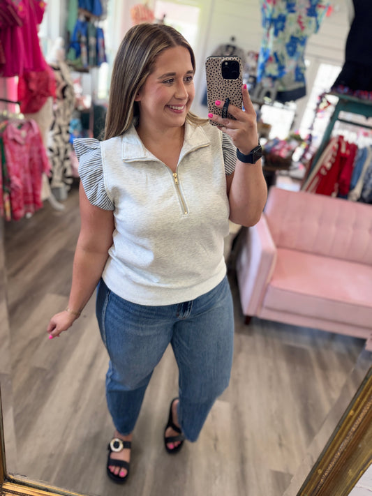 Kelly Luxe Knit Ruffle Quarter Zip Top
