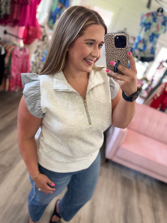Kelly Luxe Knit Ruffle Quarter Zip Top