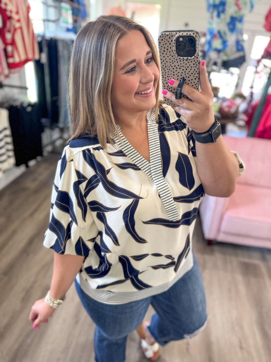 (S-2XL) Elena Bubble Sleeve Printed Top-Navy