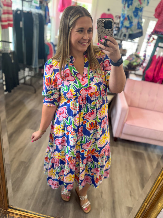 (S-2XL) Roxie Floral Print Puff Sleeve Tiered Midi Dress