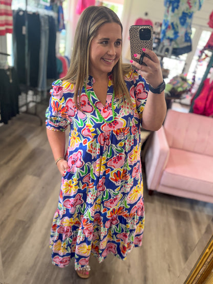 (S-2XL) Roxie Floral Print Puff Sleeve Tiered Midi Dress