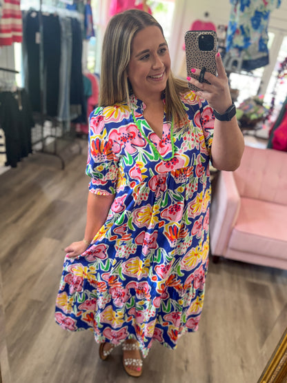 (S-2XL) Roxie Floral Print Puff Sleeve Tiered Midi Dress
