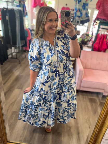 Sarah Tropical Floral Tiered Midi Dress