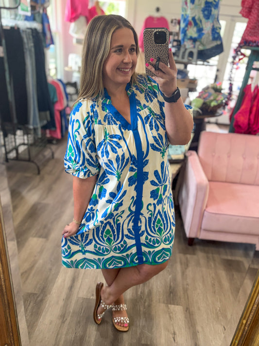 Cathy Boho Smocked Neck Contrast Trim Dress