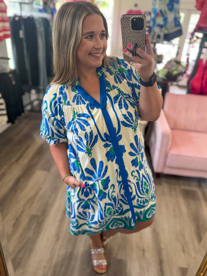 Cathy Boho Smocked Neck Contrast Trim Dress