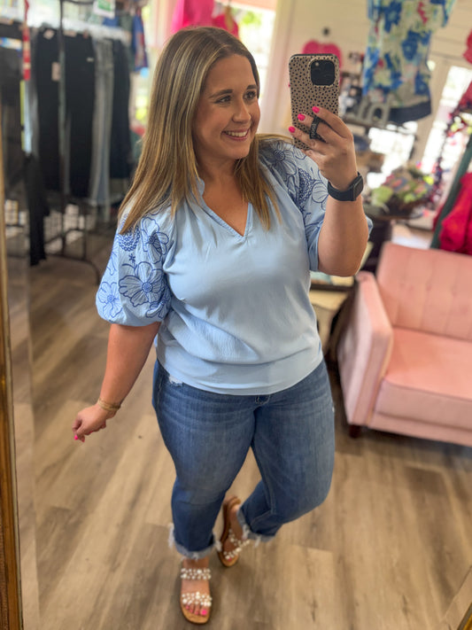 Reagan Embroidered Sleeve V-Neck Blouse