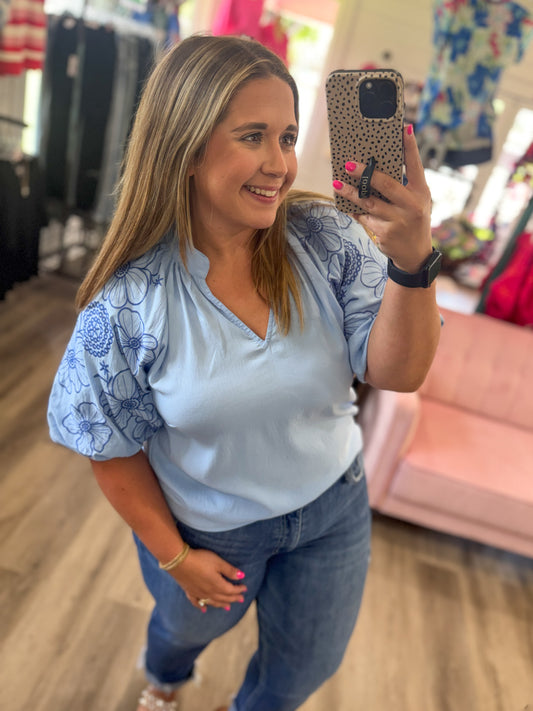 Reagan Embroidered Sleeve V-Neck Blouse