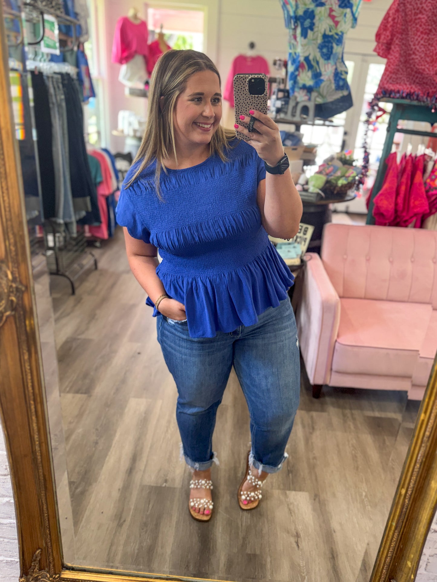 Kacie Linen Blend Smocked Peplum Top-Blue