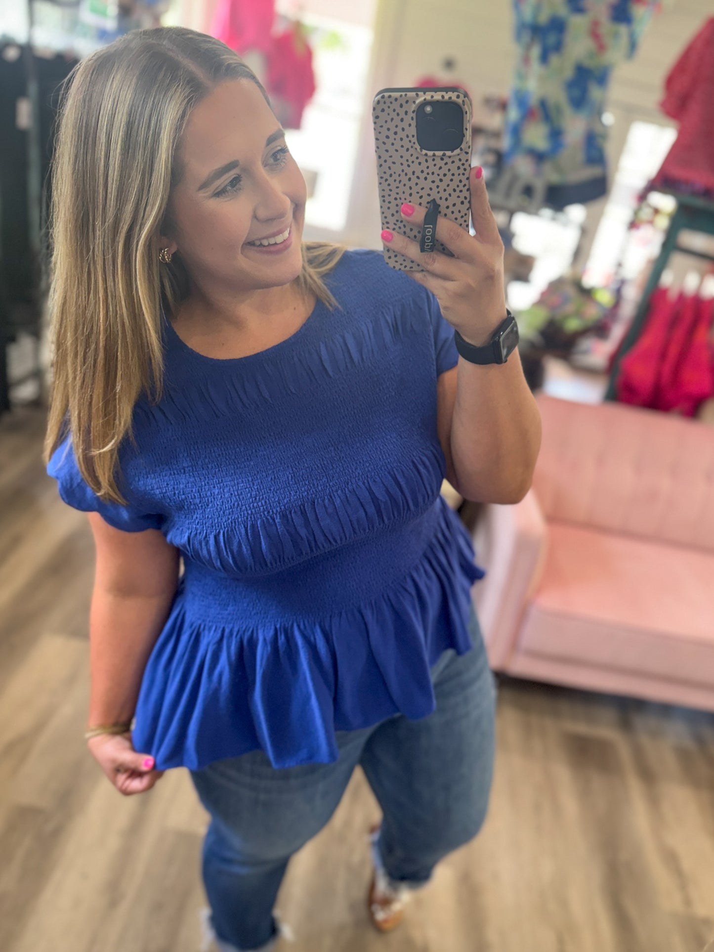 Kacie Linen Blend Smocked Peplum Top-Blue