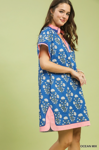 Janet Printed Split Neck Short Sleeve Shift Dress