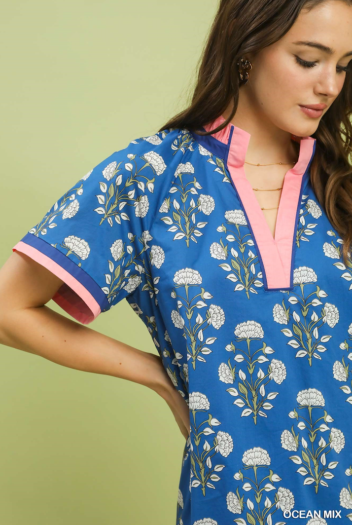 Janet Printed Split Neck Short Sleeve Shift Dress