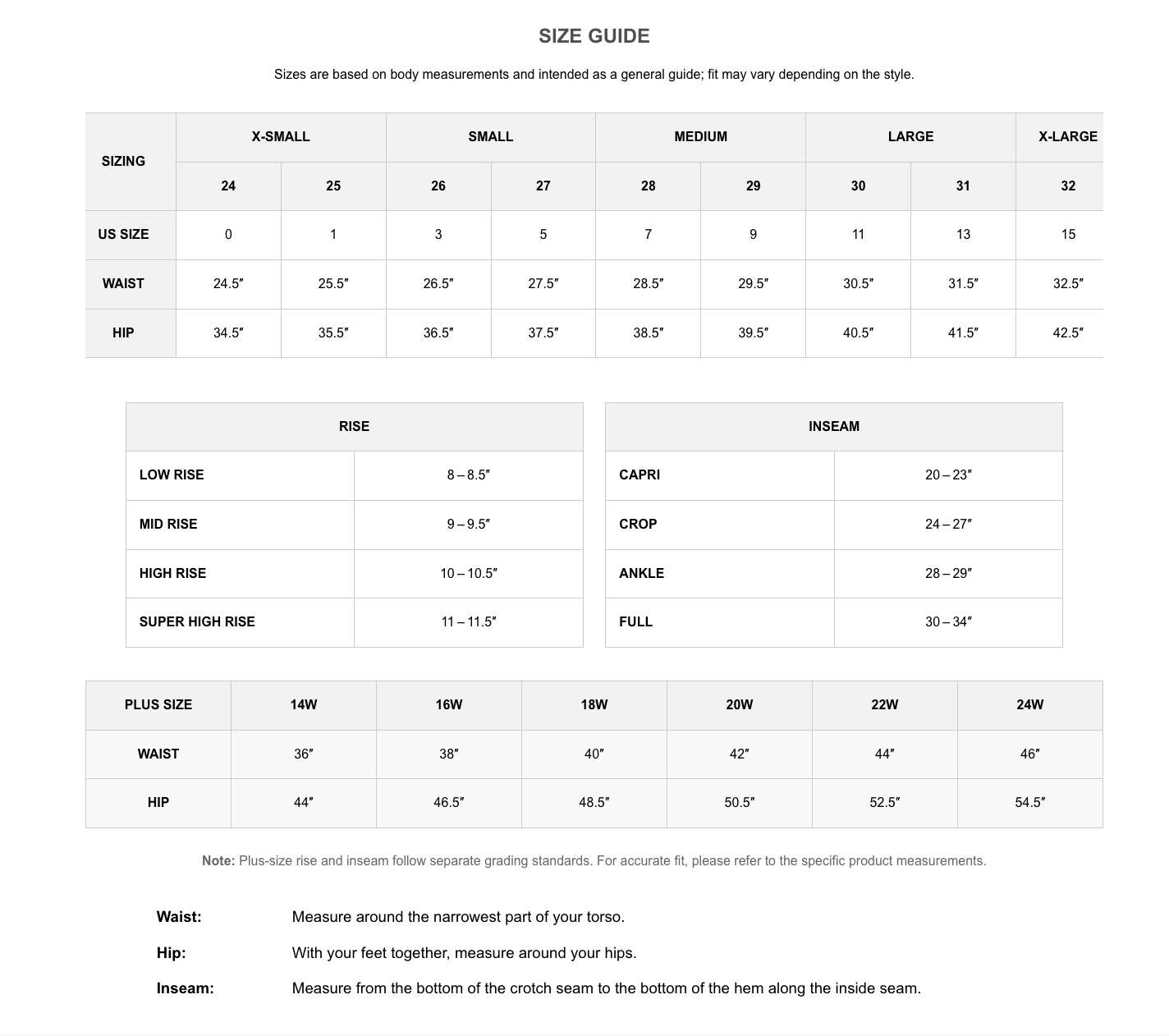 Size guide chart for clothing with measurements in inches and US sizes.