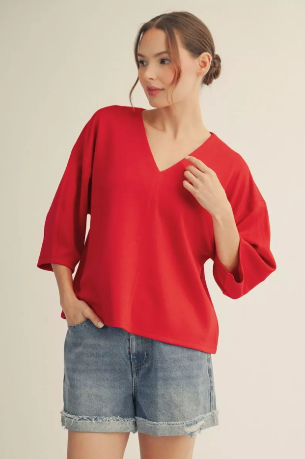 Jessica 3/4 Sleeves Solid V-Neck Top