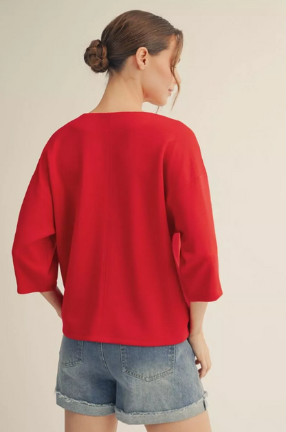 Jessica 3/4 Sleeves Solid V-Neck Top