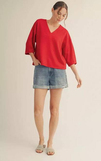 Jessica 3/4 Sleeves Solid V-Neck Top