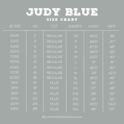 Judy Blue size chart on a gray background