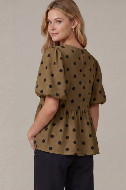 Kendall Polka Dot Puff Sleeve Top-Mocha