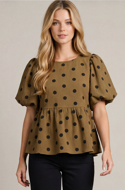 Kendall Polka Dot Puff Sleeve Top-Mocha