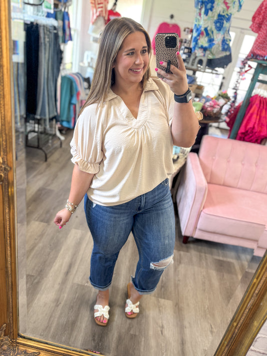 Kyra Solid Collared V-Neck Top