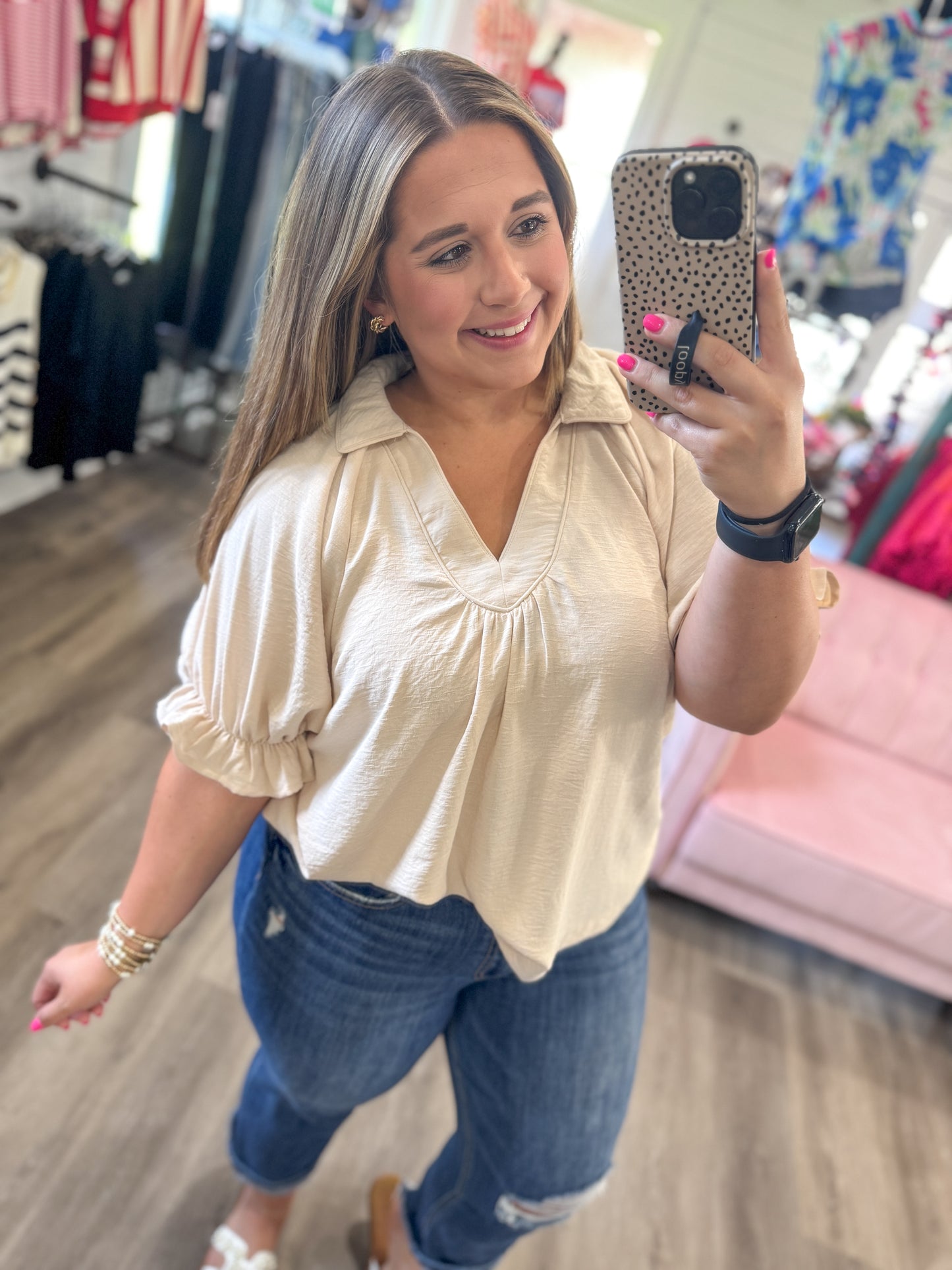 Kyra Solid Collared V-Neck Top