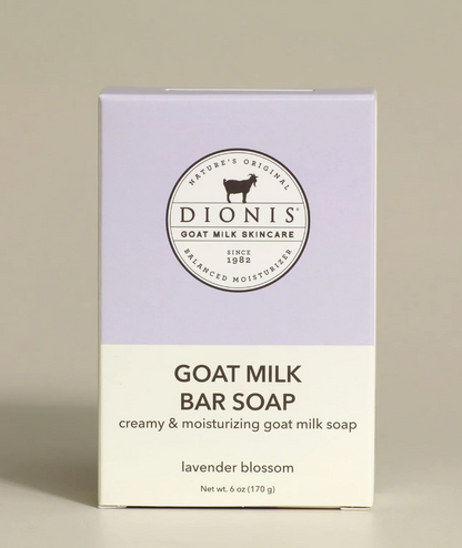 Box of Dionis goat milk bar soap with lavender blossom scent on a beige background