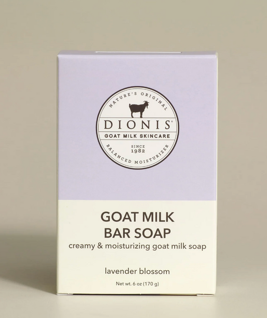 Box of Dionis goat milk bar soap with lavender blossom scent on a beige background