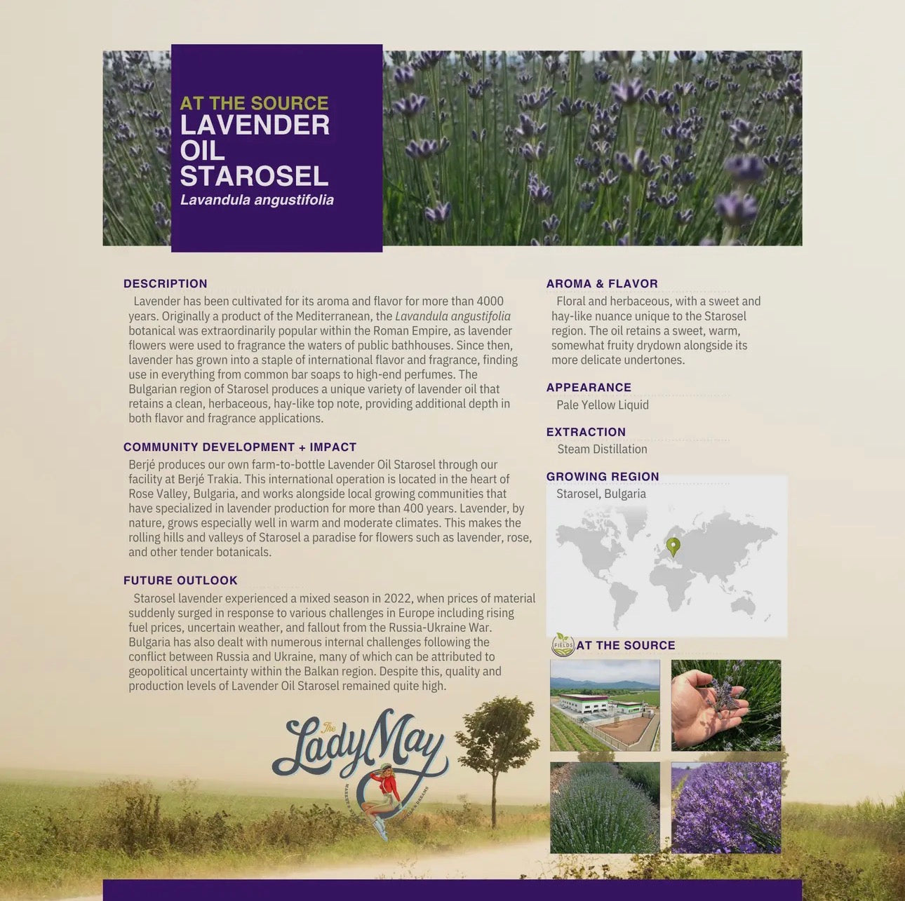 Lavender oil product information sheet with images and text on a beige background