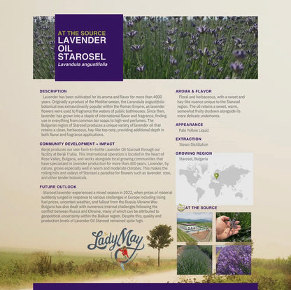 Lavender oil product information sheet with images and text on a beige background
