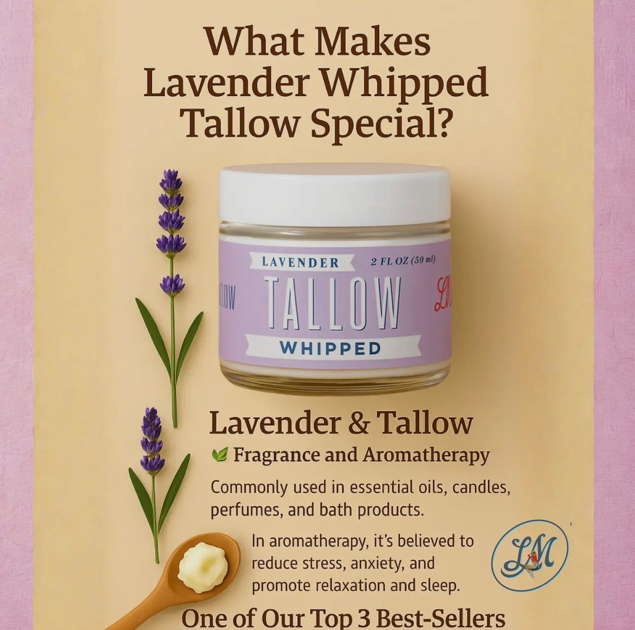 Lavender whipped tallow product with text on a beige and purple background